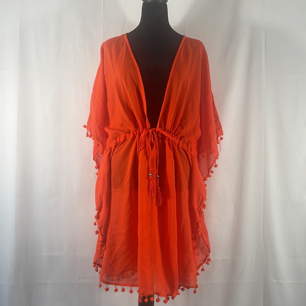 Orange Bathingsuit cover,Tunic,Sheer, Vneck,Adjustable tie waist,Tassels, XL - Picture 9 of 9